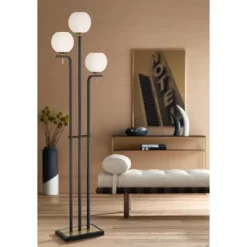 Possini Euro Design Acadia Modern Floor Lamp 71" Tall Black Warm Gold Metal 3 Light Frosted White Glass Globe Shade For Living Room Bedroom Office