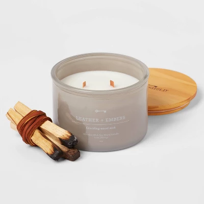 14oz Lidded Gray Glass Jar Crackling Wooden 3-Wick Candle With Clear Label Leather + Embers - Threshold™ - Image 2