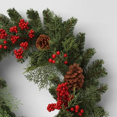 28" Mixed Greenery And Cedar With Pinecones And Red Berries Artificial Christmas Wreath Green - Wondershop™ - Image 2