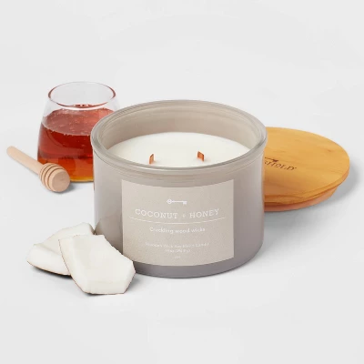 14oz Lidded Gray Glass Jar Crackling Wooden 3-Wick Candle With Paper Label Coconut And Honey - Threshold™ - Image 2
