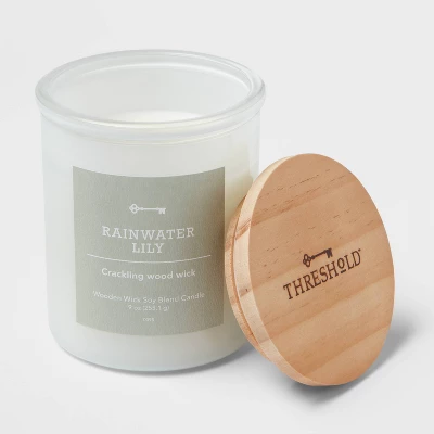 9oz Milky White Glass Woodwick Candle With Wood Lid And Stamped Logo Rainwater Lily - Threshold™ - Image 2