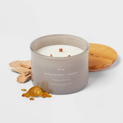 14oz Lidded Gray Glass Jar Crackling Wooden 3-Wick Candle With Clear Label Applewood + Amber - Threshold™ - Image 2