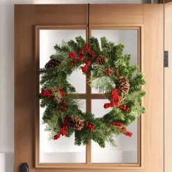28" Mixed Greenery And Cedar With Pinecones And Red Berries Artificial Christmas Wreath Green - Wondershop™