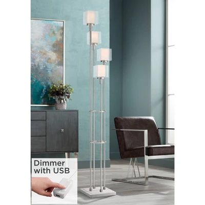 Possini Euro Design Modern Tree Floor Lamp With USB Charging Port 4-Light 72" Tall Brushed Nickel Glass Shade Living Room Reading