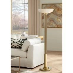 Possini Euro Design Modern Torchiere Floor Lamp 70" Tall Warm Antique Gold Metal Glass Shade For Living Room Reading Bedroom Office Uplight