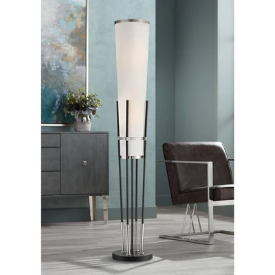 Possini Euro Design Flute Modern Torchiere Floor Lamp 64" Tall Satin Black Brushed Nickel White Linen Shade For Living Room Bedroom Office House Home