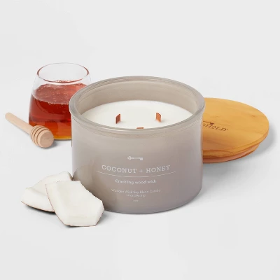 14oz Lidded Gray Glass Jar Crackling Wooden 3-Wick Candle With Clear Label Coconut And Honey - Threshold™ - Image 2