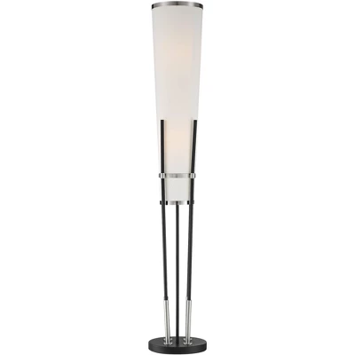 Possini Euro Design Flute Modern Torchiere Floor Lamp 64" Tall Satin Black Brushed Nickel White Linen Shade For Living Room Bedroom Office House Home - Image 6